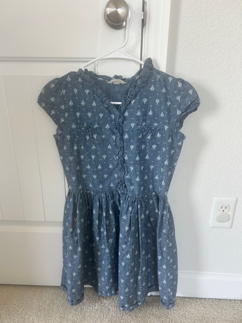 Lands End Kids- Girls Blue Sailboat Print Ruffle-Trim Dress